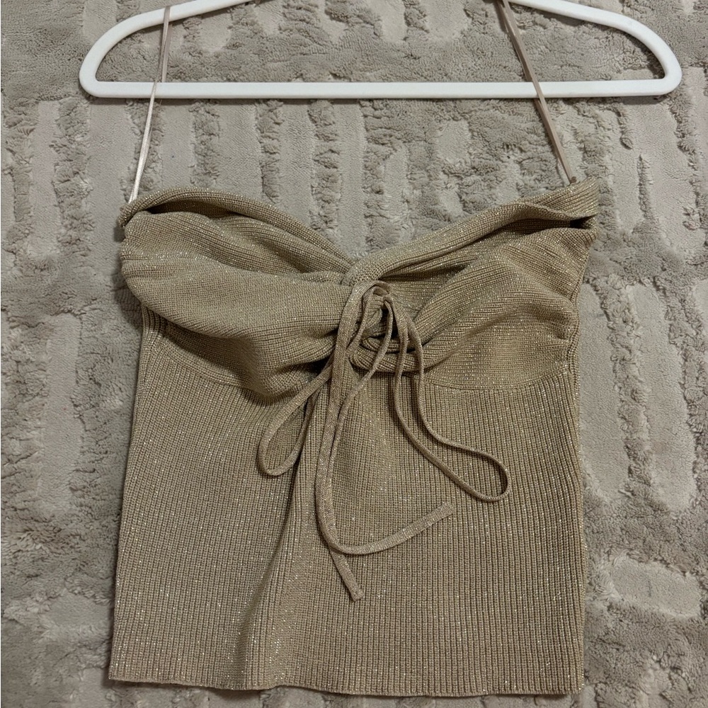 Tan Ribbed Tie Front Crop Top